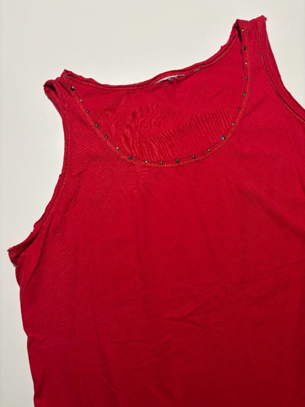 Ruby Red Rhinestone Beaded Neckline Cotton Tank Top